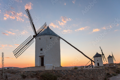 Traditional Spanish windmills near the village of Consuegra, Toiedo, Spain.