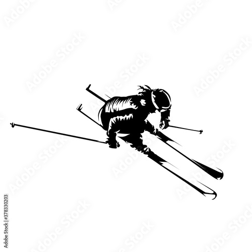 Downhill skier, slalom. Aerial view. Isolated vector silhouette. Winter sport, alpine skiing