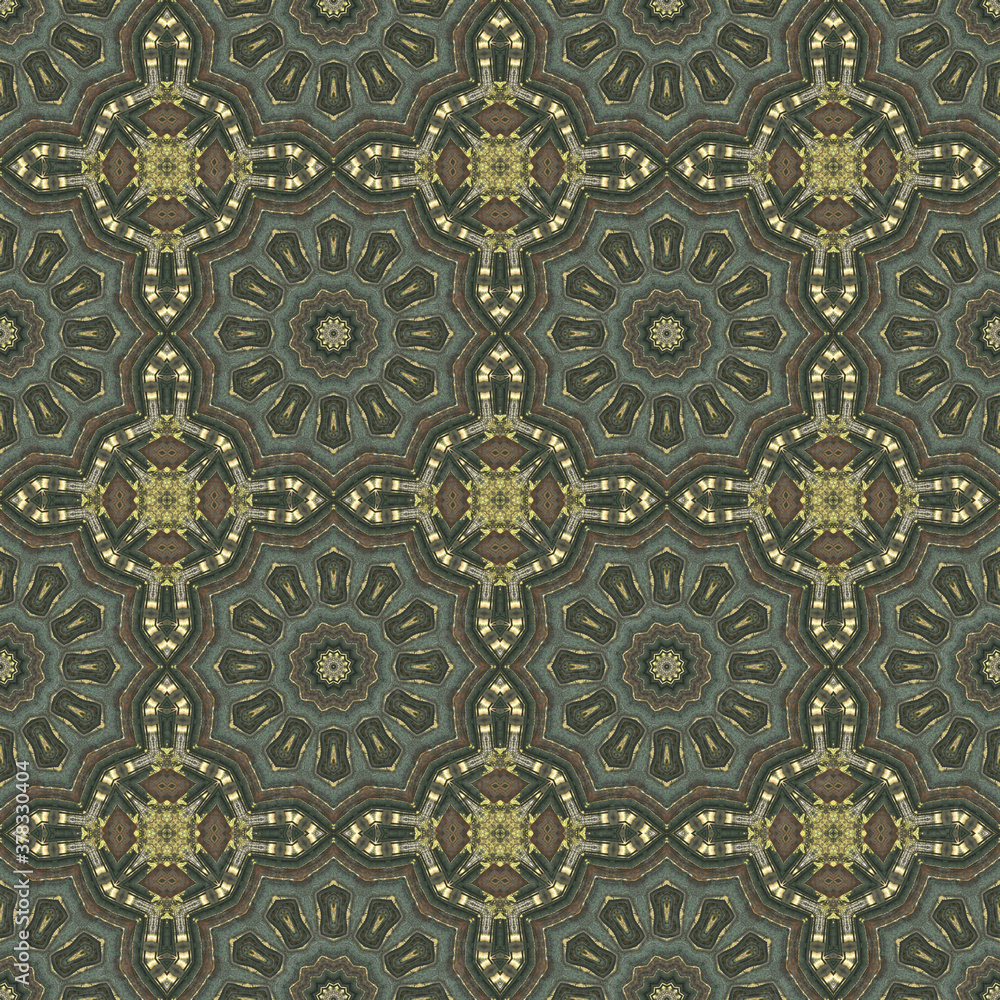 Kaleidoscopic seamless pattern with abstract colored ornament and tapestry texture for wallpaper, fabric, textile.