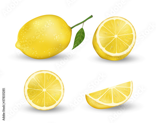 Realistic set of Lemon elements. Fresh yellow lemon isolated on white background with green leaves. Vector 3d illustration