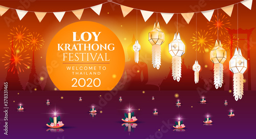 Festival of Lights poster for Loy Krathong 2020 with floating lotus candles and glowing lanterns with bunting, colored vector illustration