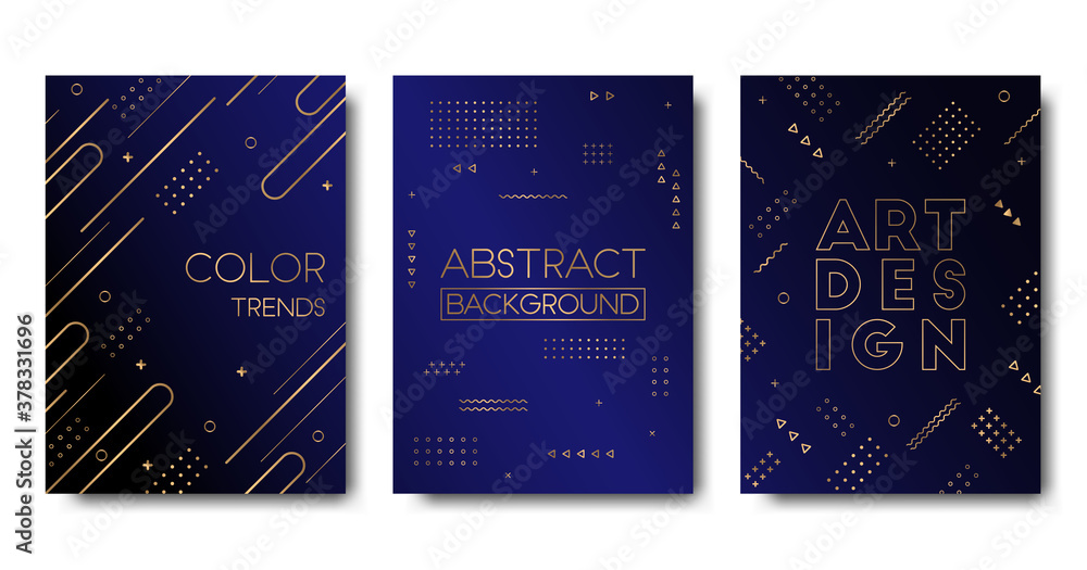 Fototapeta Vector abstract cards collection with geometric golden elements on dark blue background