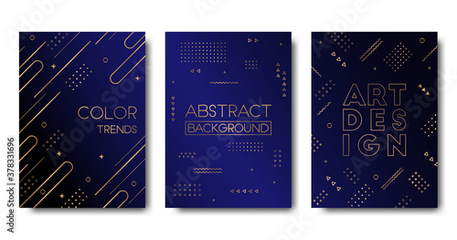 Vector abstract cards collection with geometric golden  elements on dark blue background