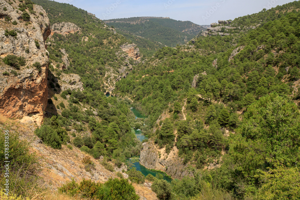 Obraz premium View of the Jucar river canyon from Devil's window viewpoint in the Serrania de Cuenca, Spain