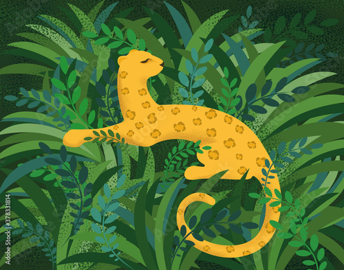 Vector illustration with leopard. Rest in the jungle. Nature card.
