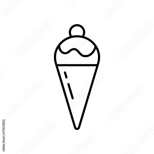 Ice cream cone. Linear icon of classic summer sweets. Black simple illustration of dessert. Waffle cone, scoop of ice cream with icing and cherry. Contour isolated vector pictogram, white background