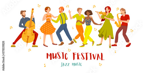 Jazz Music Festival concept with musicians and diverse couples dancing isolated on white, colored vector illustration