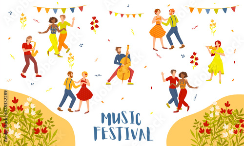 Music Festival advertising poster design with dancing couples and musicians above flowers and text, colored vector illustration