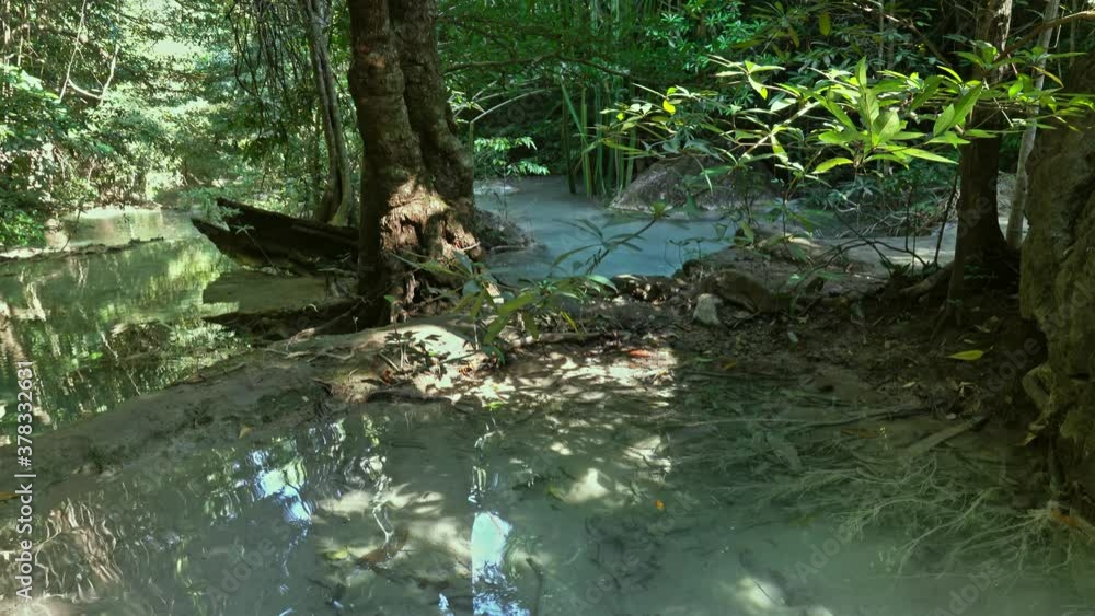 River in the tropical jungle, Erawan waterfalls, Kanchanaburi province, Thailand, 4k River in the tropical jungle, Erawan waterfalls, Kanchanaburi province, Thailand, 4k