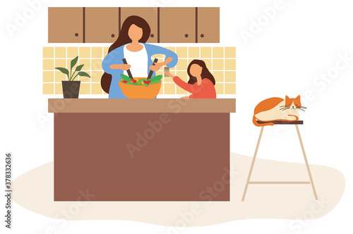Daughter helping her Mom to cook dinner in the kitchen as the pet cat sleeps on a stool nearby, colored vector illustration