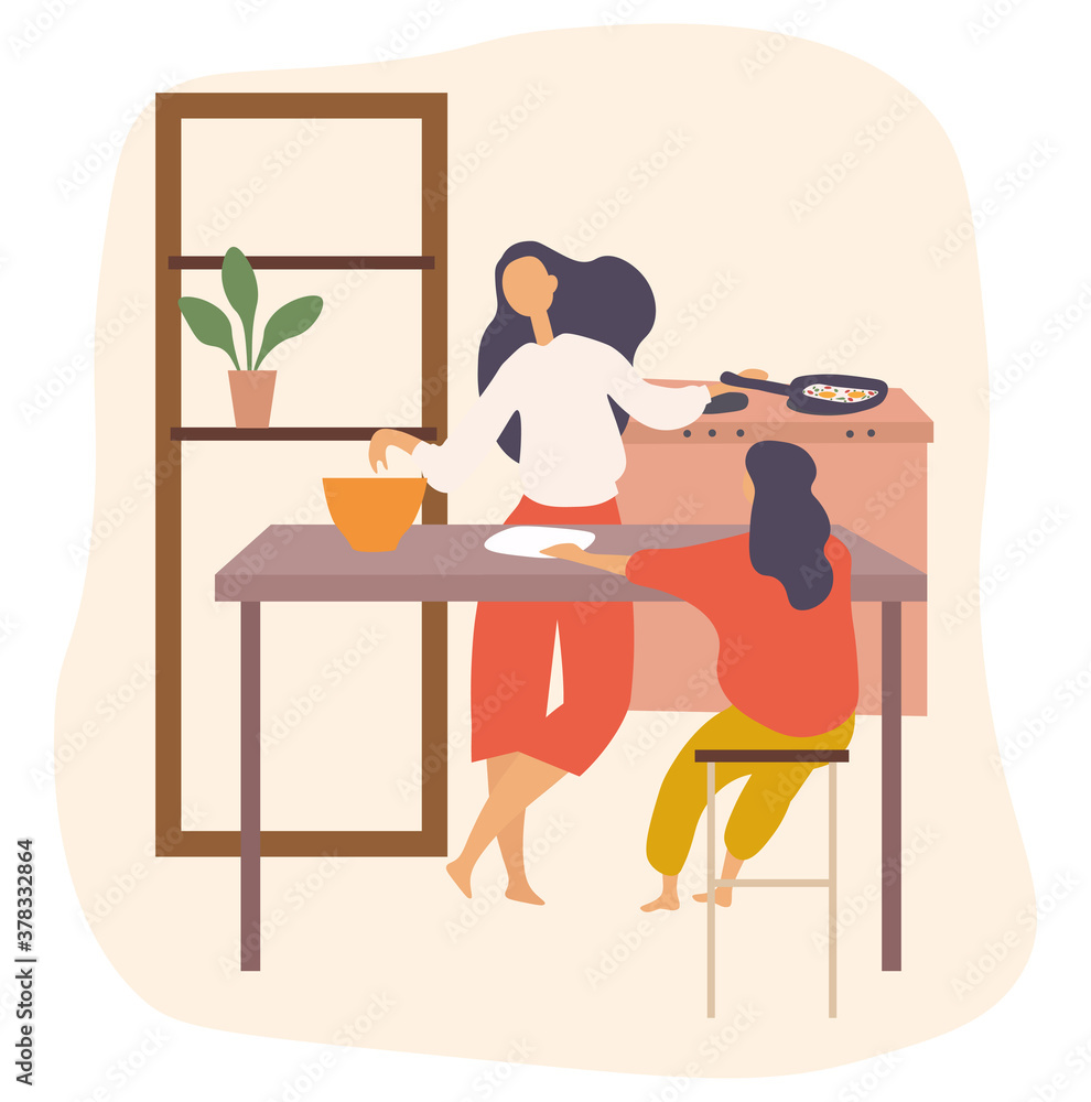 Young mother cooking a meal with her daughter in the kitchen in a concept of family life, colored vector illustration Young mother cooking a meal with her daughter in the kitchen in a concept of family life, colored vector illustration