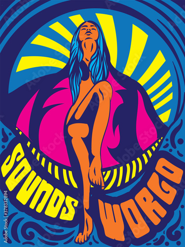 Retro style bold psychedelic Sounds World poster or banner design with young woman with long bare legs and blue hair on an abstract background, colored vector illustration