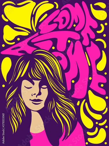 Come At Alone psychedelic retro banner or poster design with attractive woman on an abstract background and text  colored vector illustration