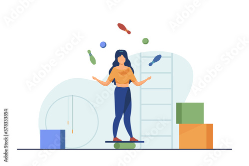 Woman balancing and juggling with skittles and balls. Gym, circus, juggler flat vector illustration. Performance and training concept for banner, website design or landing web page