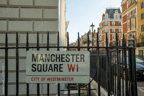 Manchester Square street sign  in Marylebone, London photo