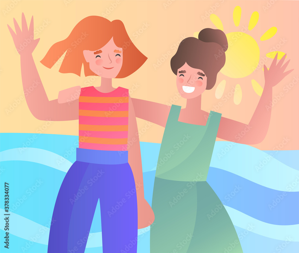 Social Media Posting showing happy girl friends waving and smiling at the seaside on their summer vacation, colored vector illustration Social Media Posting showing happy girl friends waving and smiling at the seaside on their summer vacation, colored vector illustration