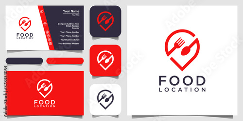 food location logo design, with the concept of a pin icon combined with a fork and spoon. business card design