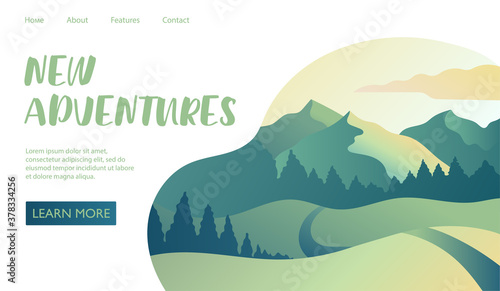 New Adventures travel web page template with lush green mountain and forest landscape, copyspace and text, colored vector illustration