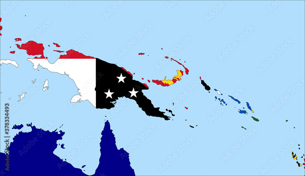 Obraz premium Center the map of Papua New Guinea. Vector maps showing Papua New Guinea and neighboring countries. Flags are indicated on the country maps, the most recent detailed drawing.