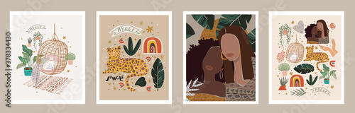 Abstract modern art posters. Vector illustrations of fashionable portraits, spots, cozy interior items, textures, jungle and leopard. Drawings for background, cover and card
