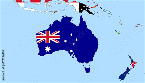 Center the map of Australia. Vector maps showing Australia and neighboring countries. Flags are indicated on the country maps, the most recent detailed drawing.