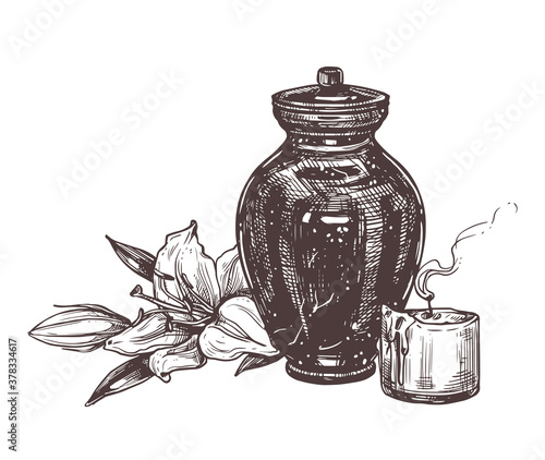 Burial urn with ashes of deceased with white lily flower and extinguished candle. Funeral service vector hand drawn design. Sketch illustration for condolence card. Last farewell for dead person