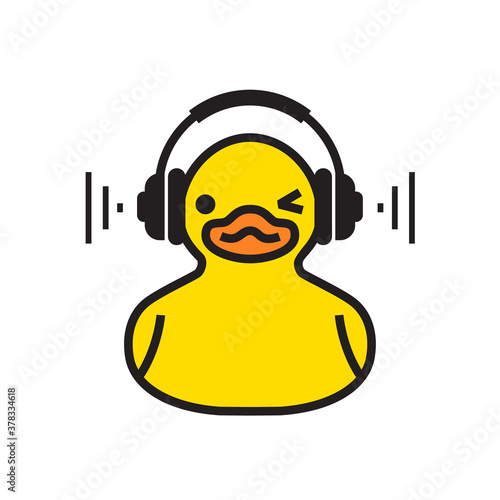 Yellow duck in headphones. Music on headphones