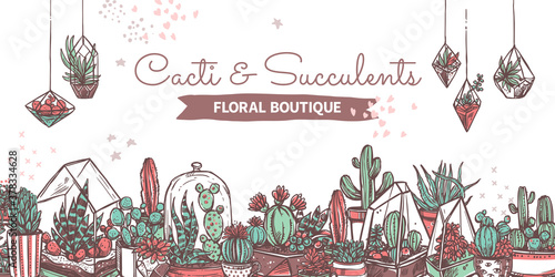 Cacti and succulents boutique hand drawn web banner template. Floral store vector poster design. Decorative houseplants, indoor plants poster with text space. Potted exotic cactus sketches