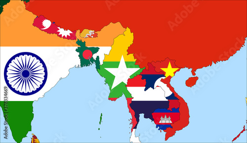 Center the map of Myanmar. Vector maps showing Myanmar and neighboring countries. Flags are indicated on the country maps, the most recent detailed drawing.