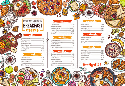 Cafe breakfast menu vector hand drawn template. Restaurant food and drinks offer, price list layout. Fresh fruits and baked cookies doodles. Sandwiches and porridge morning dishes illustration