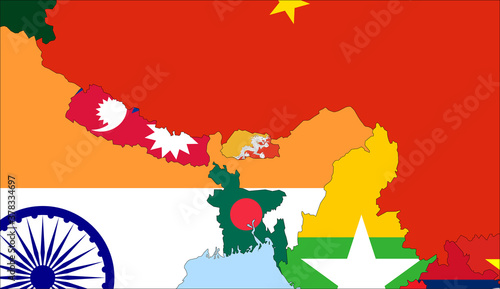 Center the map of Bhutan. Vector maps showing Bhutan and neighboring countries. Flags are indicated on the country maps, the most recent detailed drawing.
