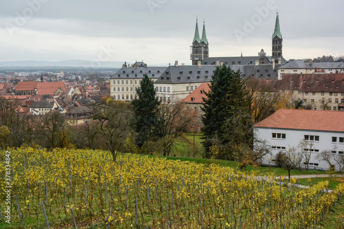 View from Michaelsberg vineyards to old part of Bamberg with Cathedral of St. Peter and St. Georg in Bamberg, Germany.