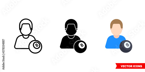 Billiard player icon of 3 types color, black and white, outline. Isolated vector sign symbol.