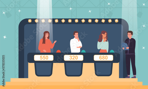 TV game show with host and three contestants answering questions or solving puzzles, standing at consoles below lights, colored vector illustration