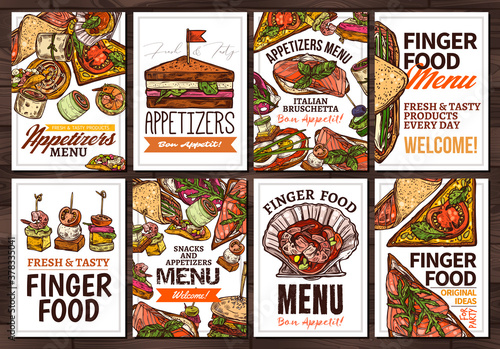 Finger food and appetizers hand drawn poster templates set. Tasty snacks cafe, restaurant menu brochures layout. Italian bruschetta, canape doodles. Delicious vegetarian rolls outline illustrations