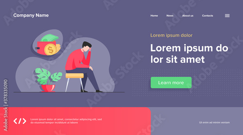 Depressed sad man thinking over financial problems and debts. Businessman broke, needing money, having unpaid loan. Vector illustration for bankruptcy, loss, crisis, trouble concept