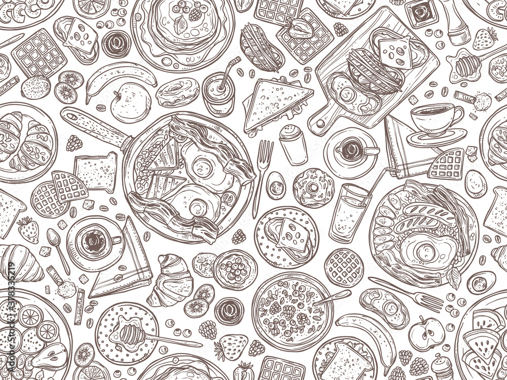 Naklejka premium Food and dishes hand drawn vector seamless pattern. Tasty breakfast, morning meal in plates doodles background. Pancakes, sandwiches, croissants sketch. Coffee cups and juice glasses illustration