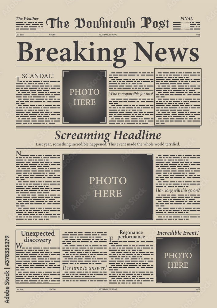 Old Newspaper Page, Breaking News Newsletter Template Stock Vector Old Newspaper Page, Breaking News Newsletter Template Stock Vector
