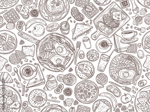 Food and dishes hand drawn vector seamless pattern. Tasty breakfast, morning meal in plates doodles background. Pancakes, sandwiches, croissants sketch. Coffee cups and juice glasses illustration