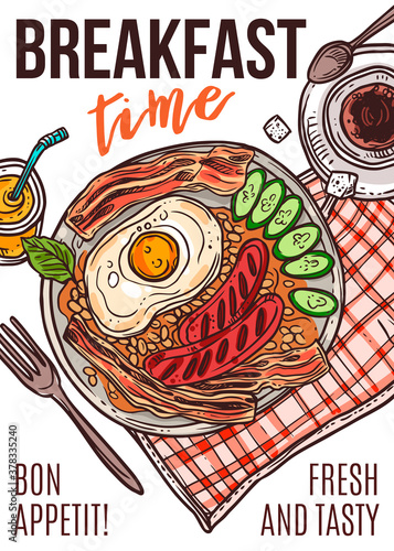 Fresh breakfast vector hand drawn poster template. Fried egg, grilled sausages and bacon slices with beans doodle color illustration. Traditional tasty morning meal served in plate sketch