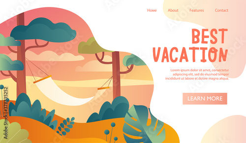 Best Vacation web page travel template with a wooded area and a hammock hanging between the trees  colored vector illustration