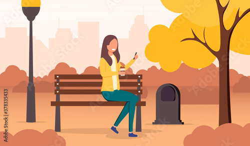 Young woman relaxing in a park in autumn sitting on a bench under colorful yellow trees with cityscape behind, colored vector illustration