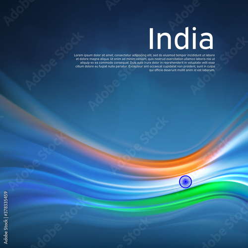 India abstract flag background. Blurred lines pattern of the light colors of the indian flag in the blue sky, business brochure. State banner, Indian poster, patriotic cover, flyer. Vector design
