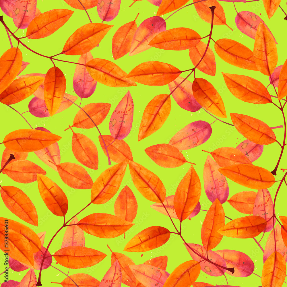 Obraz premium Seamless pattern with watercolor autumn leaves on a vibrant green background, fall repeat print