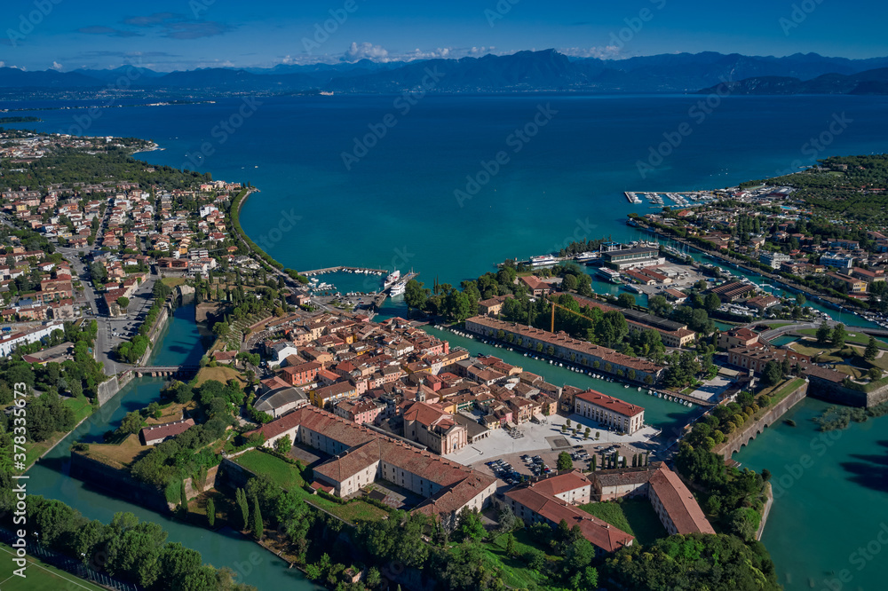 Aerial view of Peschiera del garda, garda lake, Italy. Early morning aerial view. Lake Garda