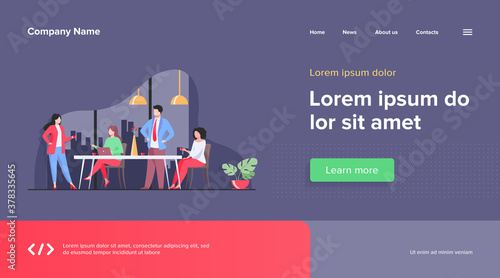 Employees meeting in office kitchen and drinking coffee. Team of workers talking during coffee break. Vector illustration for teamwork, lunch, corporate communication concept