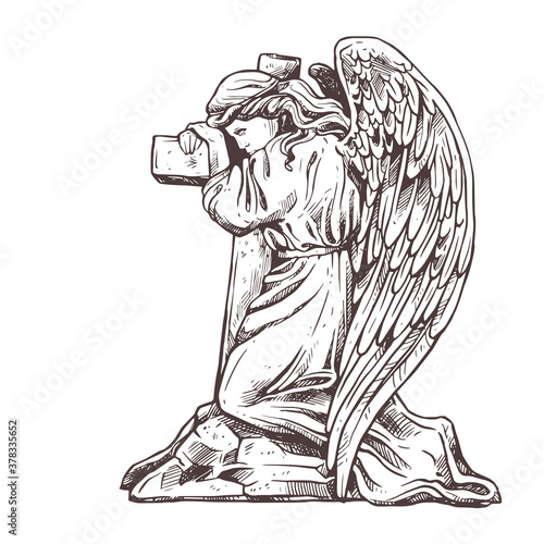 Old murble stone sad angel kneeling near the cross hugging it. Vector drawing isolated illustration for funeral business. Sketch christian symbol of death, cemetery, sorrow, burial, resurrection and a