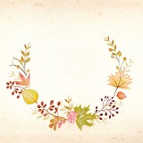 Autumn elements and florals in circular design . Watercolor autumn illustration with space for text.