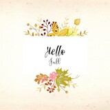 Autumn floral banner created using hand drawn watercolor in mild color. Hello fall  text with floral elements.