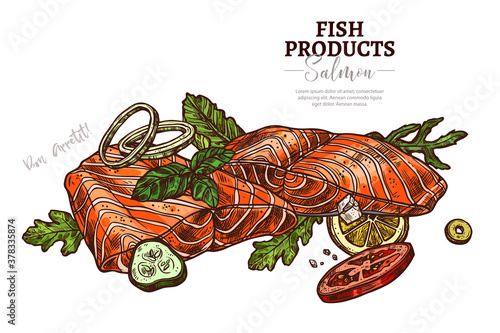 Salmon dish hand drawn vector web banner template. Red fish fillet with vegetables healthy meal outline color illustration. Seafood, omega and vitamins rich food sketch. Fish with herbs drawing